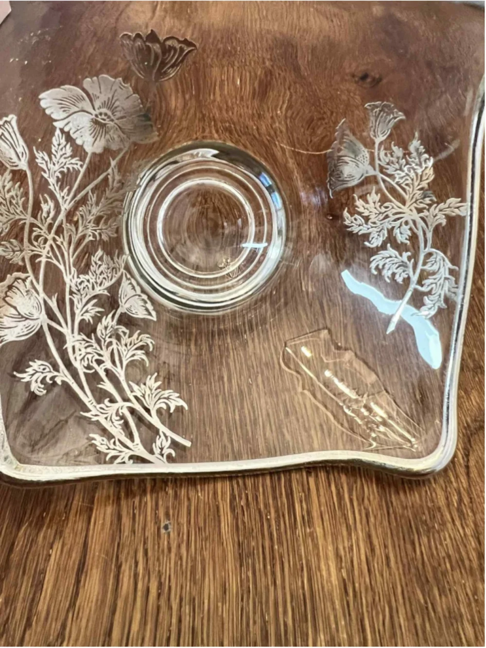 Square Glass Bowl Candy Dish Silver 6in Poppy Pattern Footed Vintage EUC